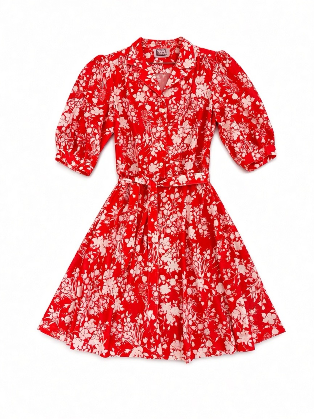 Vintage Red and White Floral Button-Front Casual Dress